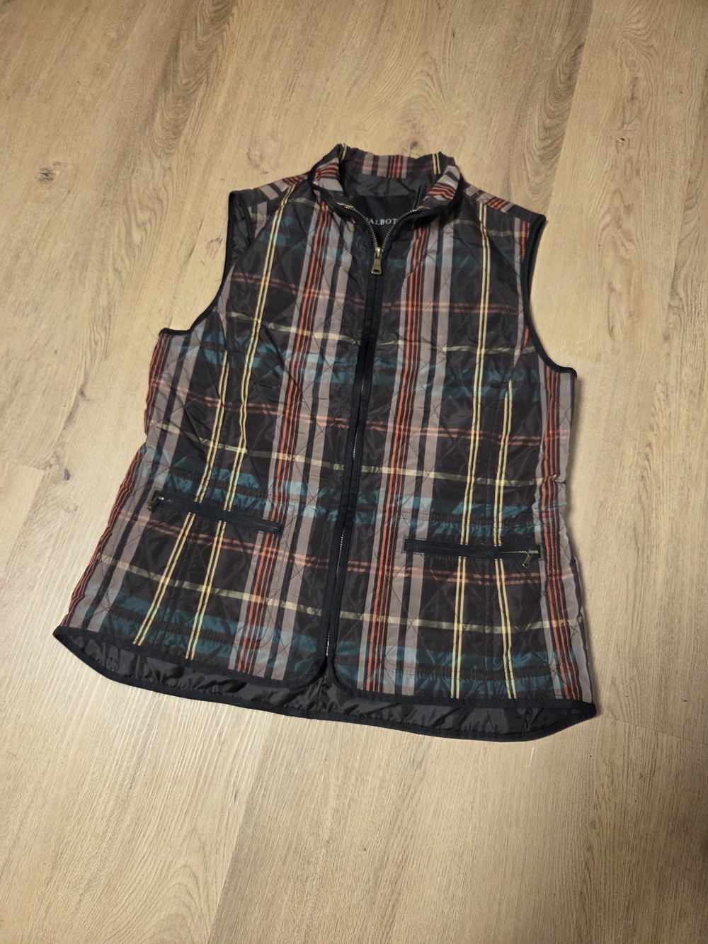 Talbots Plaid Quilted Vest in Black, Brown & Teal Sz SMALL